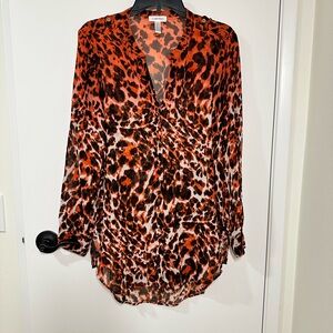 Calvin Klein Orange and Black Leopard Print Sheer Button Blouse
